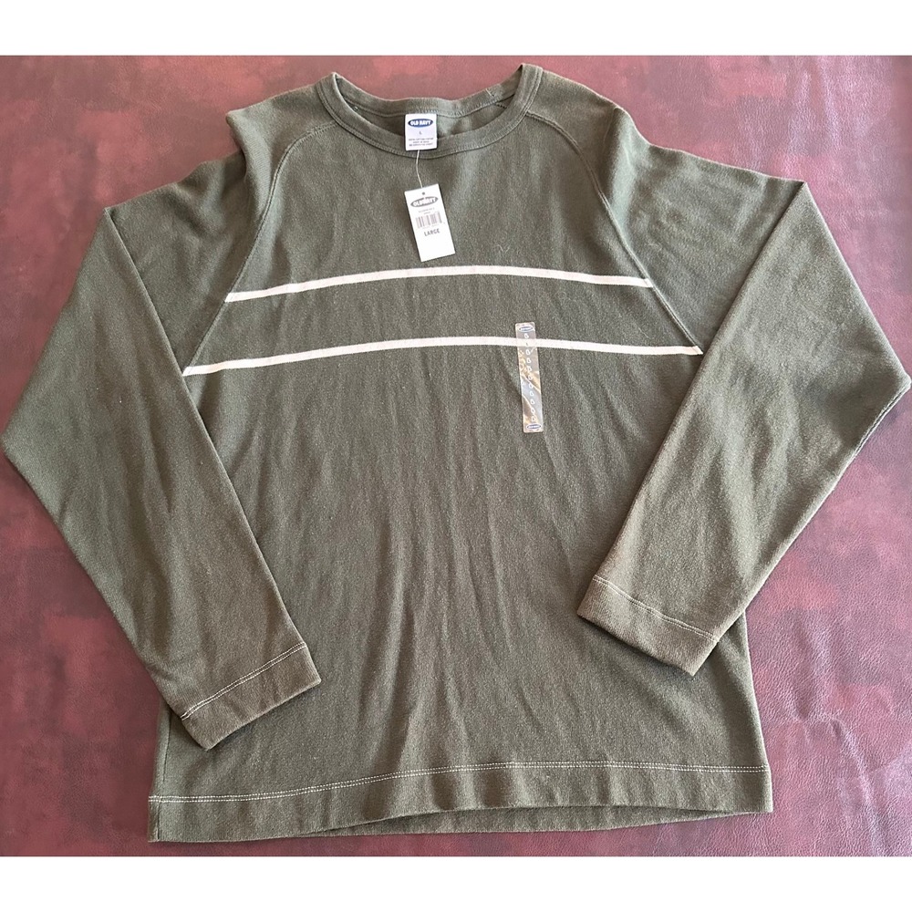 Old Navy Mens Large Olive Green Striped Cotton Crewneck Sweater NWT 111606-02-1